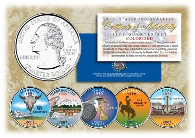 2007 COLORIZED US MINT STATE QUARTERS * Complete Set of 5 Coins * with Capsules - Image 1 of 3