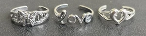 3 Toe Ring Dolphins Heart Love Adjustable .925 Sterling Silver Gift Box Lot - Picture 1 of 12