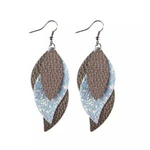 Brown with Blue Highlights, Three Layered faux Leather Boho, Leaf Earrings - Picture 1 of 1