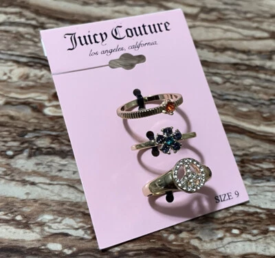 Juicy Couture Joyería Oro Talla 9 Anillo Trío Set Floral Cristal Paz Pavé Foto 1 de 4