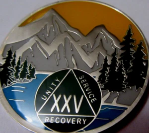 Mountain Blue green Alcoholics Anonymous 25 year AA silver Medallion Coin Token - Picture 1 of 9