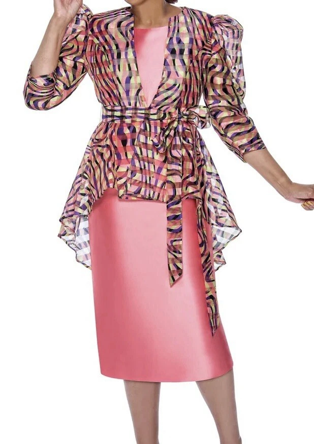 Traje de vestir Dorinda Clark Cole 2 piezas con chaqueta transparente con cinturón multicolor talla 14 Foto 1 de 4