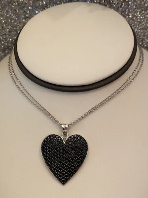 "Collar colgante vintage de plata de ley 925 grande de ónix negro con corazón de 18"" de largo" Foto 1 de 4