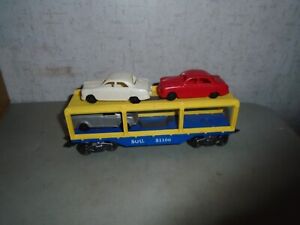 MARX BLUE AND YELLOW 51100 AUTO CARRIER WITH 3 ORIGINAL CARS OTHERWISE EXCELLENT