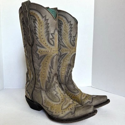 Corral Hand Painted Embroidery Studs Womens 7.5 M Western Boot Snip Toe C3651 - Image 1 of 4