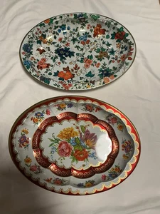 (2) DAHER verzierte Ware oval 12,5" x 9,5" Metall Tabletts Floral England überbacken - Bild 1 von 12