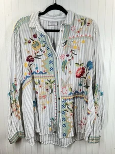 Johnny Was Gloria Paneled Oversized Shirt White Stripe Top Embroidery Large L - Picture 1 of 8