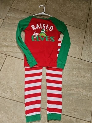 Kids Christmas Pajamas Unisex Holiday PJs Raised By Elves Size 10-12 - Image 1 of 4