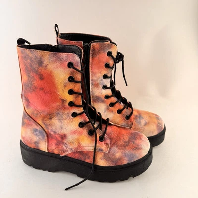 Botas Y2K Yoki para mujer 8 plataforma de combate media pantorrilla rosa tie dye con cordones cremallera lateral Foto 1 de 4