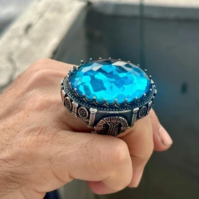 Anillo grande de plata de piedra aguamarina, estilo otomano anillo grande hecho a mano de plata Foto 1 de 4