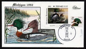 USA, SCOTT # MI17, HANDPAINTED MILFORD FDC COVER 1992 MICHIGAN DUCK WATERFOWL - Picture 1 of 1