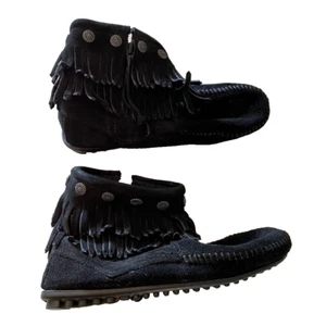 minnetonka moccasins boots size 6.5 black suede double fringe NEW - Picture 1 of 7