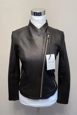 Chaqueta negra de cuero con cremallera asimétrica Cole Haan nueva con etiquetas talla XS 357M7975 Foto 1 de 4