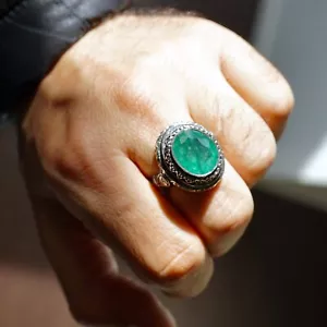 Emerald Ring Unique Handmade 11ct REAL gemstone engraved Sterling Silver Jewelry - Picture 1 of 6