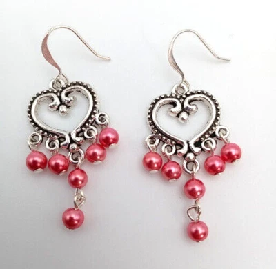 热卖 粉色 玻璃 珍珠 银色 心形吊灯 风格 悬垂 情人节耳环 — 第 1/4 张图片