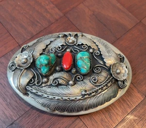 Stunning 3.75" Navajo Natural Turquoise and Coral Belt Buckle Pawn Silver - Picture 1 of 5