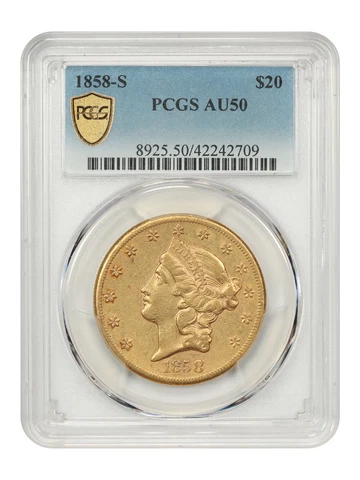 1858-S $20 PCGS AU50 Cover