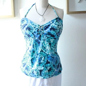SO Blue Tie-Dye Halter Tankini Top, Lace-Up Front Womens Sz XL - Y2K, Boho Indie - Picture 1 of 10