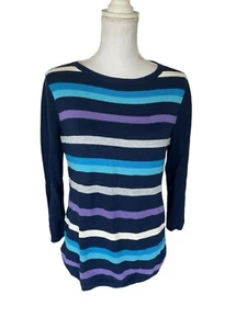 Suéter para mujer Talbots azul gris púrpura a rayas manga 3/4 cuello redondo mediano - Imagen 1 de 6