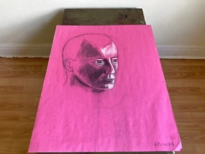 Vintage Large Male Head Life Study Portrait Chalk Drawing Art - Picture 1 of 11
