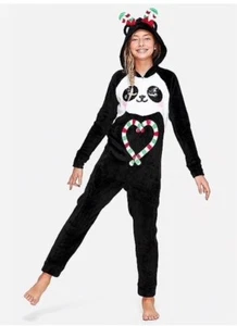 Justice Black Panda Bear Flip Sequin One-Piece Fleece Pajamas Girl Size 6-7 NEW - Picture 1 of 1