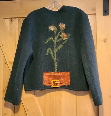 Suéter feminino Nancy K. Bell Creations tamanho M lã feltrada flor artístico Lagenlook - Imagem 1 de 4