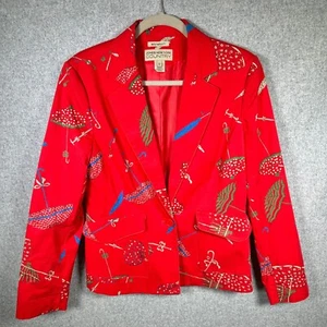 Vintage Jones New York Country Womens Blazer Size 12 Red Umbrellas Unique Button - Picture 1 of 15