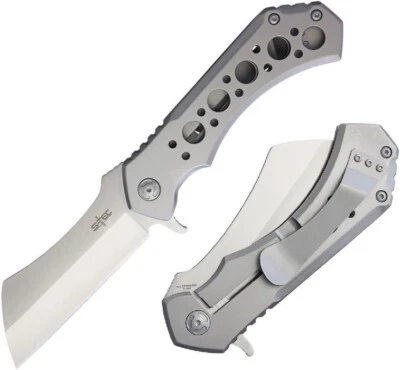 S-TEC Folding Knife 5" Stonewash Finish 440 Steel Cleaver Blade Stainless Handle - Image 1 of 3