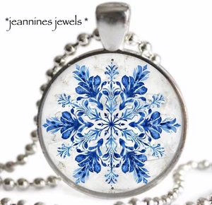 Delft Blue Snowflake NECKLACE Chinoiserie Silver Charm Pendant Christmas Gift - Picture 1 of 13