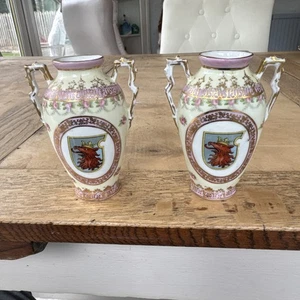 Royal Vienna Porcelain Heraldic Griffin Crest Vase Pair x2 - Picture 1 of 4
