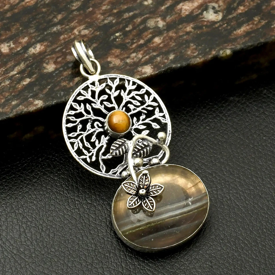 Colgante de árbol étnico hecho a mano con piedras preciosas ojo de tigre de fluorita joyería 2,8" AP-19054 Foto 1 de 1