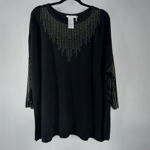 Chico’s Chic Sweater Size S/M Black w/h Embellishments Preppy 3/4 Sleeve V Neck  - Picture 1 of 8