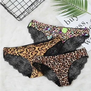 Lace Ice Silk Panties Women Low Rise Leopard Print Transparent Briefs 1pc - Picture 1 of 25