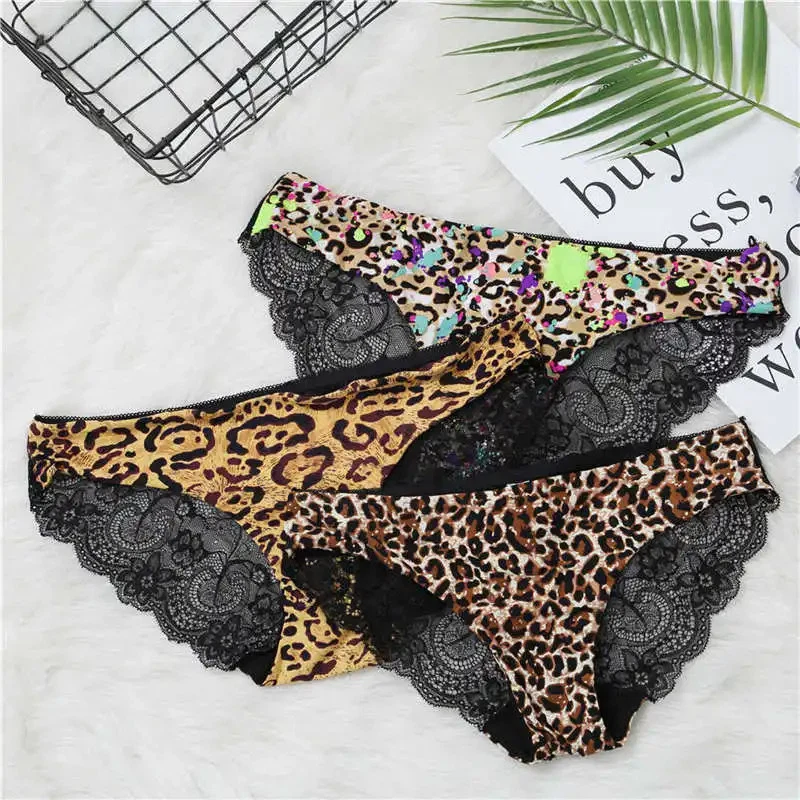Bragas de encaje de seda helada para mujer tiro bajo estampado de leopardo calzoncillos transparentes 1 pieza Foto 1 de 4