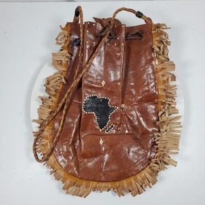 Borsa vintage hippy in pelle con frange secchiello cravatta fatta a mano - Foto 1 di 6