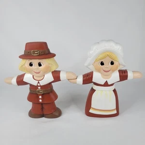 Vtg Set Ceramic Mold Figures Hand Painted 2 Sided Pilgrims Thanksgiving Boy Girl - Picture 1 of 13