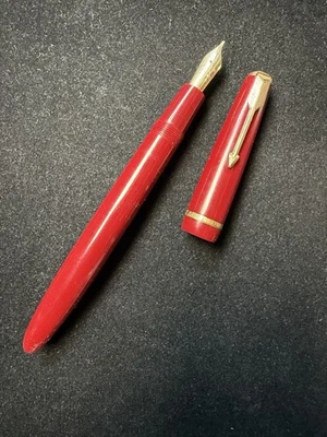 Vintage 1954 Parker Duofold Senior Red GT Fountain Pen Medium 14ct Gold Nib - Image 1 of 4