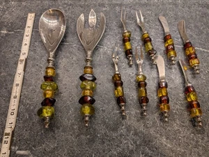 10-Pc Glass Bead Handle Salad Servers, Cheese Spreaders & Forks Entertaining Set - Picture 1 of 5