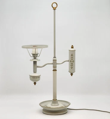 Toleware Lamp-Student Desk Painted White And Gold Metal Tole Table 2 Arm Vintage - Image 1 of 4