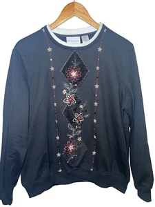 Alfred Dunner Women's Black Embroidered Floral Embellished Sweatshirt L - Picture 1 of 6