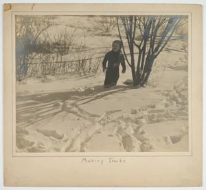Photograph Boy in Snowsuit and Cap Making Tracks in Snow Antique PP129 - Picture 1 of 3