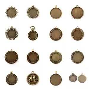 10pc Alloy Vintage Flat Round Tray Pendant Cabochon Bezel Setting Antique Bronze - Picture 1 of 44