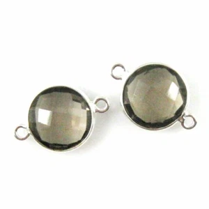 Bezel Gem Links - Sterling Silver - Faceted Coin Shape - Smokey Quartz (2 Pcs) - Picture 1 of 2