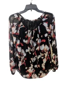 White House Black Market Black Red Blouse Floral Sz 2 Tunic, 18" Ax Bust, Flowy - Picture 1 of 10
