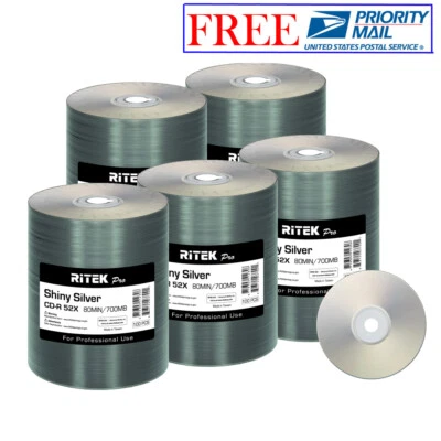 500 Pack Ritek Pro CD-R 52X 700MB Shiny Silver Lacquer Blank Recordable Disc - Image 1 of 4