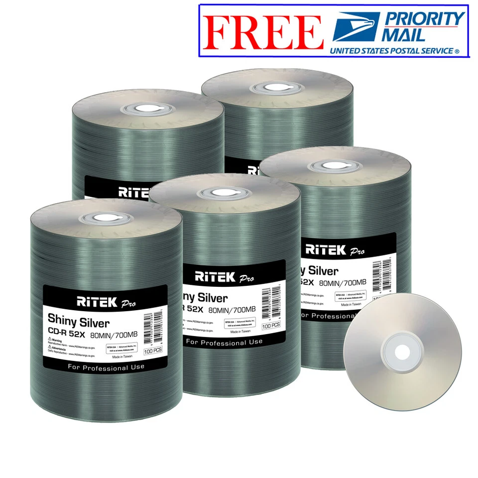 500 Pack Ritek Pro CD-R 52X 700MB Shiny Silver Lacquer Blank Recordable Disc - Image 1 of 4