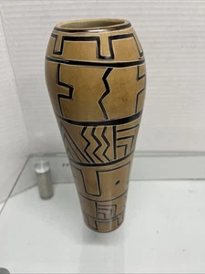 Ten Thousand Villages Linear Geometric  Design Brown Vase 8" Tall - Picture 1 of 7