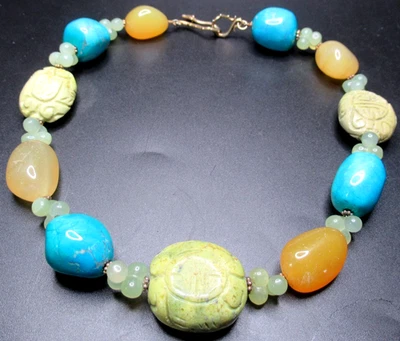 Gorgeous Genuine Carved Blue Green & Yellow Stone Beaded Necklace - Image 1 of 4