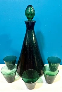 7- Pc Set MODERNIST Green BUBBLE GLASS Decanter/Stopper /5 Glasses MCM W. German - Picture 1 of 19
