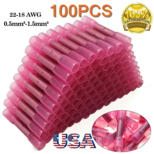 100PC 22-16 AWG Heat Shrink Butt Wire Splice Seal Connectors Crimp Terminals Red - Picture 1 of 8